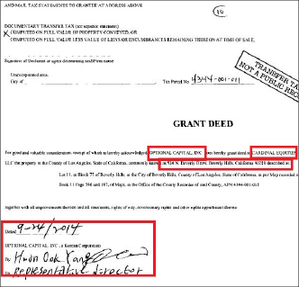 ▲ 옵셔널캐피탈의 924 비버리힐스저택 매도계약서, 2014년 9월 24일 옵셔널캐피탈의 공동대표이사중 한명인 양환욱씨가 서명했다.