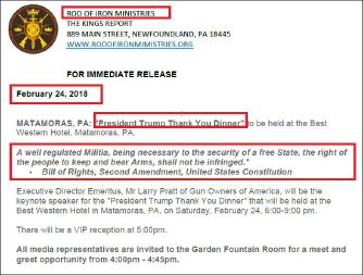 ▲  2018년 2월 14일 총기소지옹호법안 지지를 위한 트럼프대통령 땡큐디너 개최 안내문