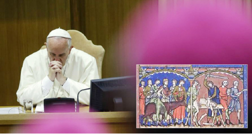 ▲프란치스코 교황이 지난 2015년 주교회의에서 동성애 이슈 토론에서 심각한 자세를 보이고 있다.
