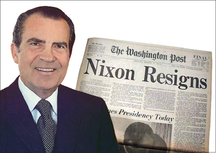 ▲ 닉슨 대통령과 1974년 워터게이트로 사임 당시 워싱턴 포스트 1면 기사