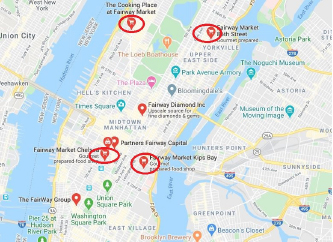 ▲ 페어웨이 맨해튼 매장 현황 - 보고파는 지도에 표시된 4개매장외 맨해튼 125스트릿 및 브롱스 팰햄의 매장 1개등 모두 6개를 인수했다.