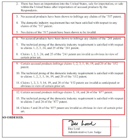 ▲ 국제무역위원회는 지난 3월 31일 LG의 SK 전기배터리특허침해소송과 관련, ‘4건의 특허중’517 특허는 유효성은 있지만 SK가 LG의 특허를 침해하지 않았고, 241과 152와 877등 특허 3건은 아예 특허의 유효성이 없다’는 예비판정을 내렸다.
